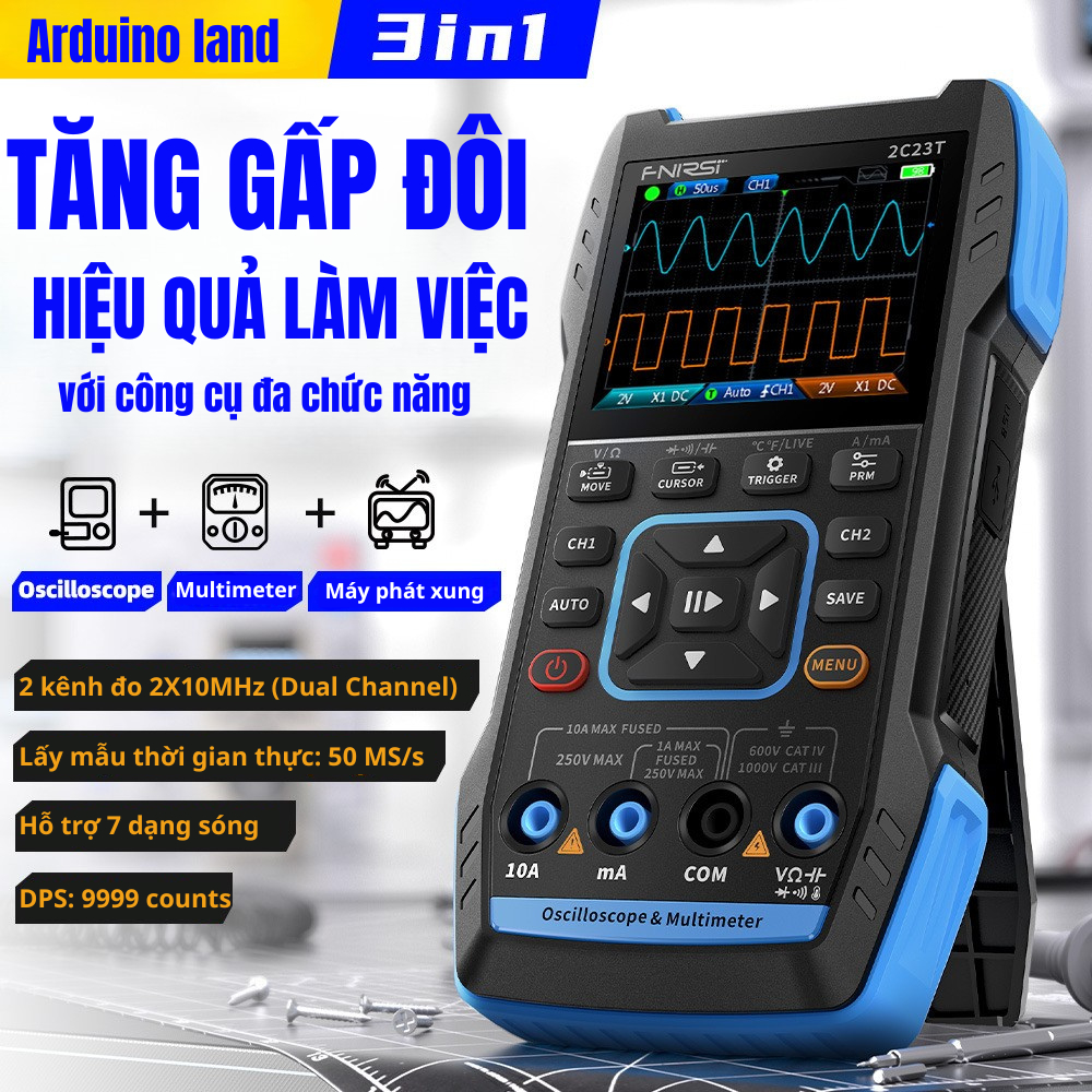 Máy Hiện Sóng Cầm Tay FNIRSI 2C23T 3 Trong 1 Oscilloscope Multimeter Máy Phát Xung 2 Kênh 10MHz