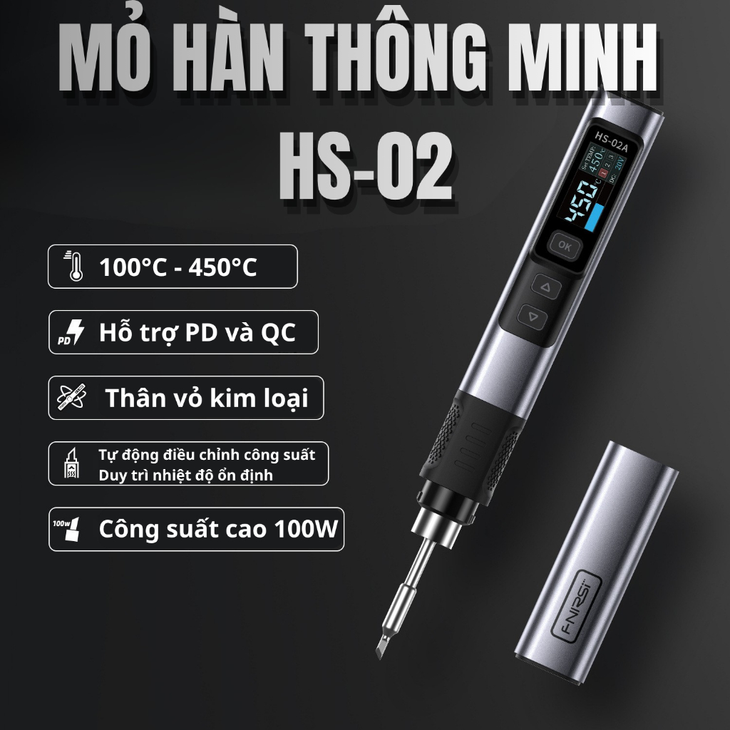 Mỏ Hàn Thông Minh HS02 FNIRSI 100W Điều Chỉnh Nhiệt Độ Màn Hình OLED