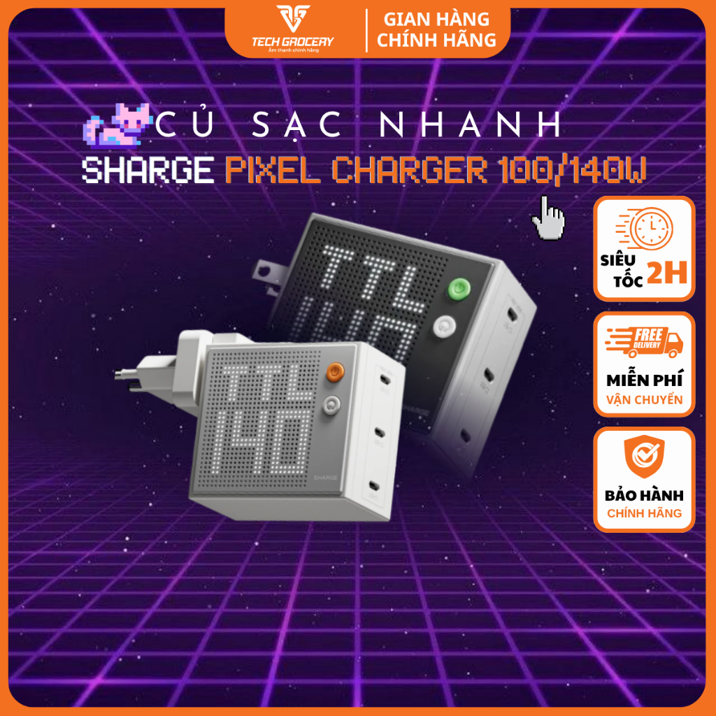 Củ Sạc Nhanh SHARGE Pixel 100/140W,Công Nghệ GaN,3 Cổng USB-C PD 3.1,Màn hình Ma Trận _ Bảo Hành 24 