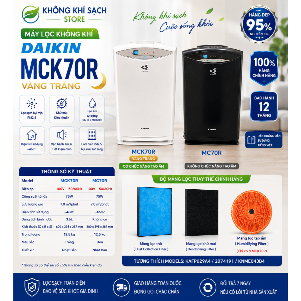 Máy Lọc Không Khí Daikin MCK70R Nội Địa Nhật Vầng Trăng Hàng Đẹp 95% Tạo Ẩm Streamer