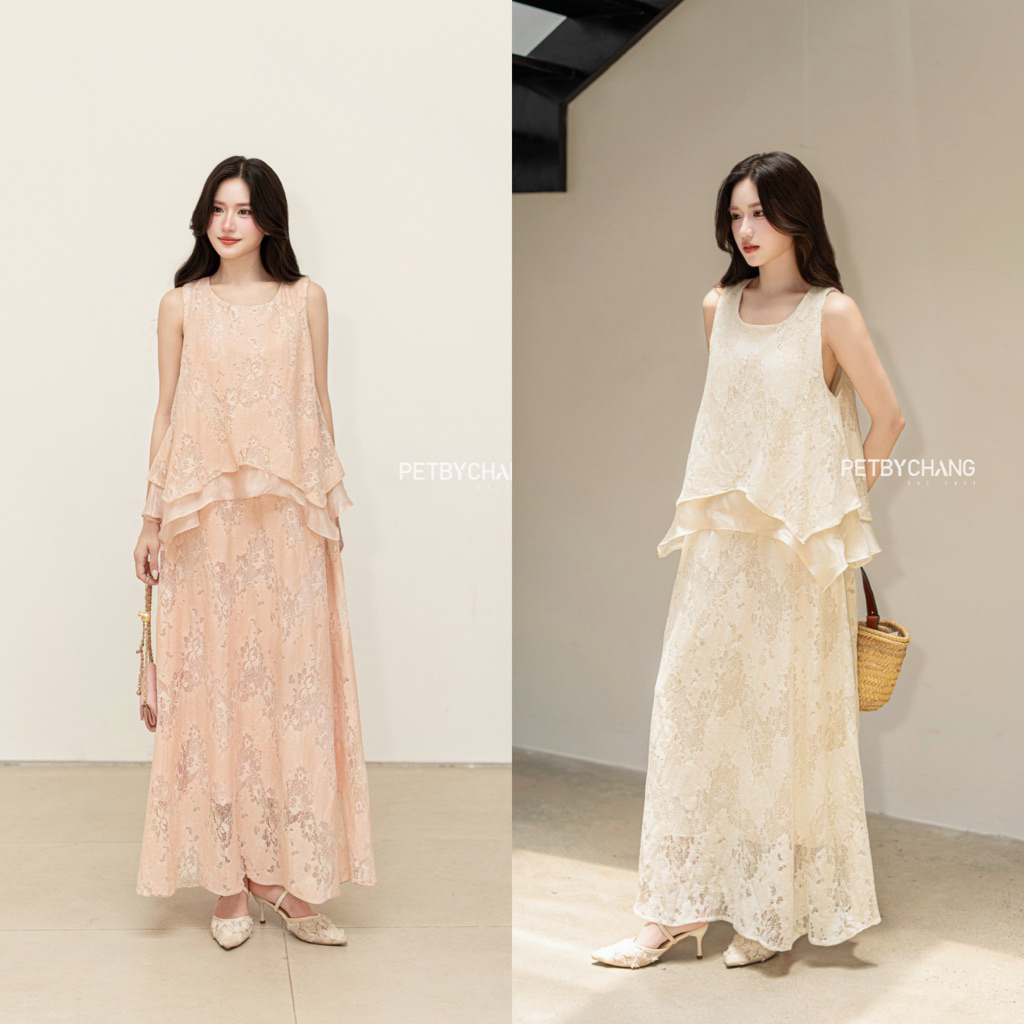 PETBYCHANG - Layer Lace Dress - Váy Maxi Ren Hoa Phối Tơ Layer Dáng Suông Nữ Tính