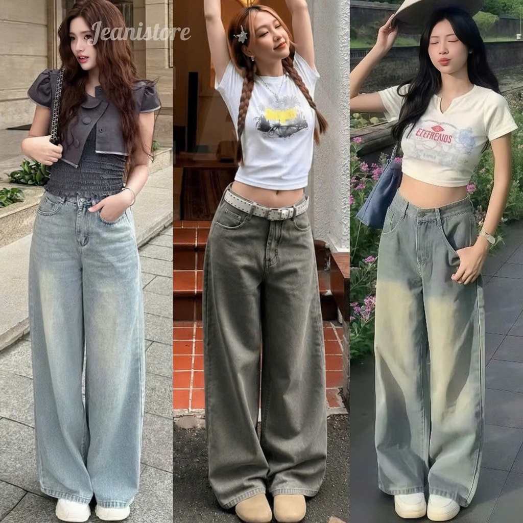 Quần jeans nữ ống rộng Jeani Store cạp cao chất liệu jean denim mềm tôn dáng, quần bò nữ vibe Calem.