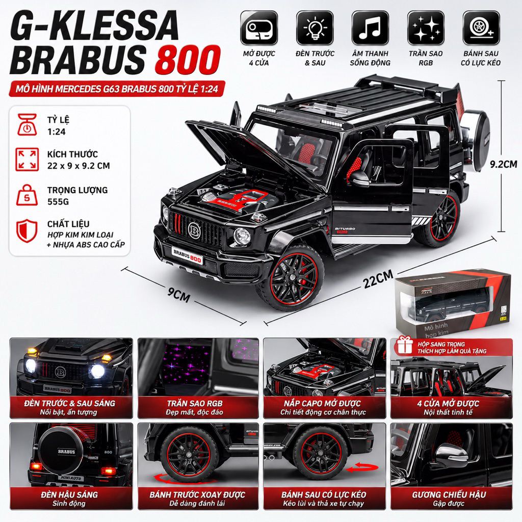 Mô Hình Xe Hợp Kim Mercedes G63 Brabus 800 Tỷ Lệ 1:24 - Mở Được 6 Cửa, Đèn Nhạc