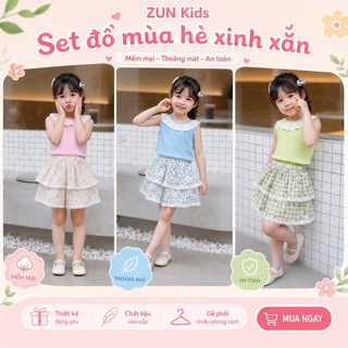 Set Quần Váy Hoa Minzy và áo phối cổ ren AZB549 – Đầm Váy Bé Gái Xinh Xắn 2–10 Tuổi ZUN Kids