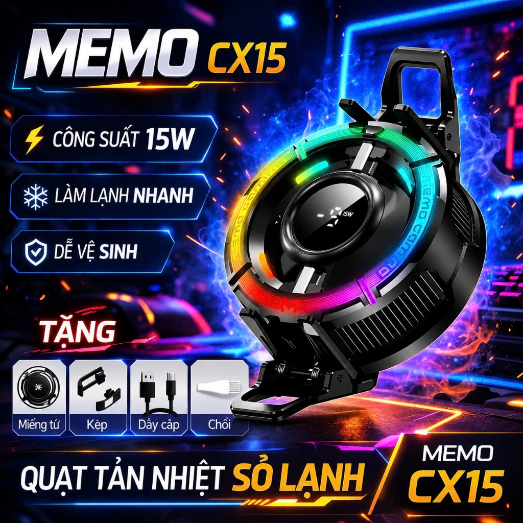 Quạt tản nhiệt điện thoại sò lạnh CX15 Pro AI thế hệ mới làm lạnh mát hỗ trợ tăng fps gaming, giảm n