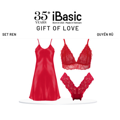 GIFT OF LOVE - Set Áo lót bralette đệm mỏng, Quần lót lọt khe gợi cảm, Đầm ngủ dây lụa satin iBasi