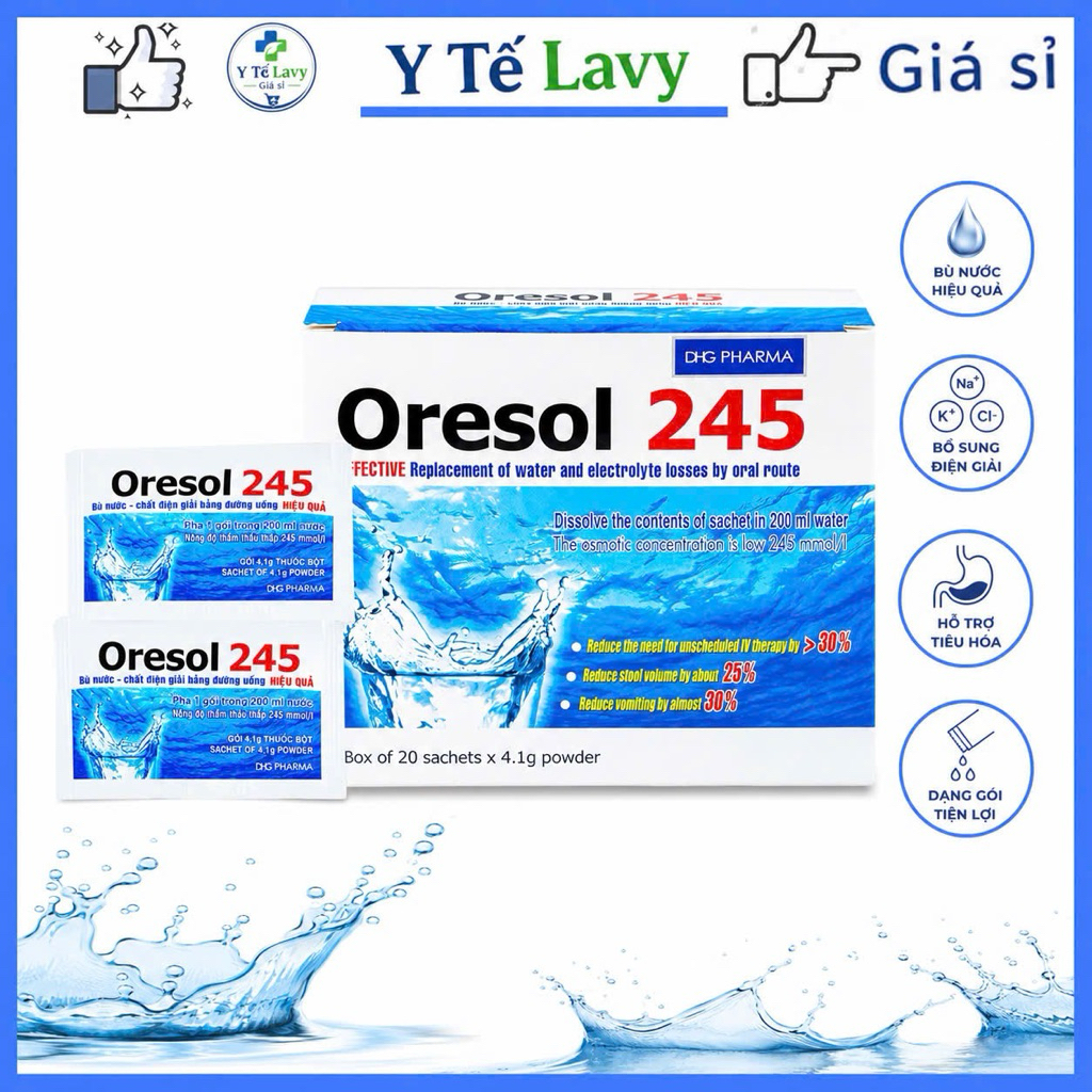 Bột pha uống Oresol 245 dùng khi mất điện giải và nước trong tiêu chảy, (HỘP 20 gói) Y TẾ LAVY GIÁ S