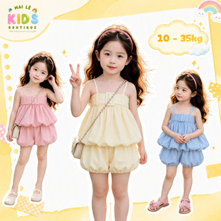 A214 - Set đồ công chúa bé gái dáng bí bồng Hàn Quốc, áo hai dây phối đai eo kèm quần bí bồng xinh xắn đi chơi dự tiệc