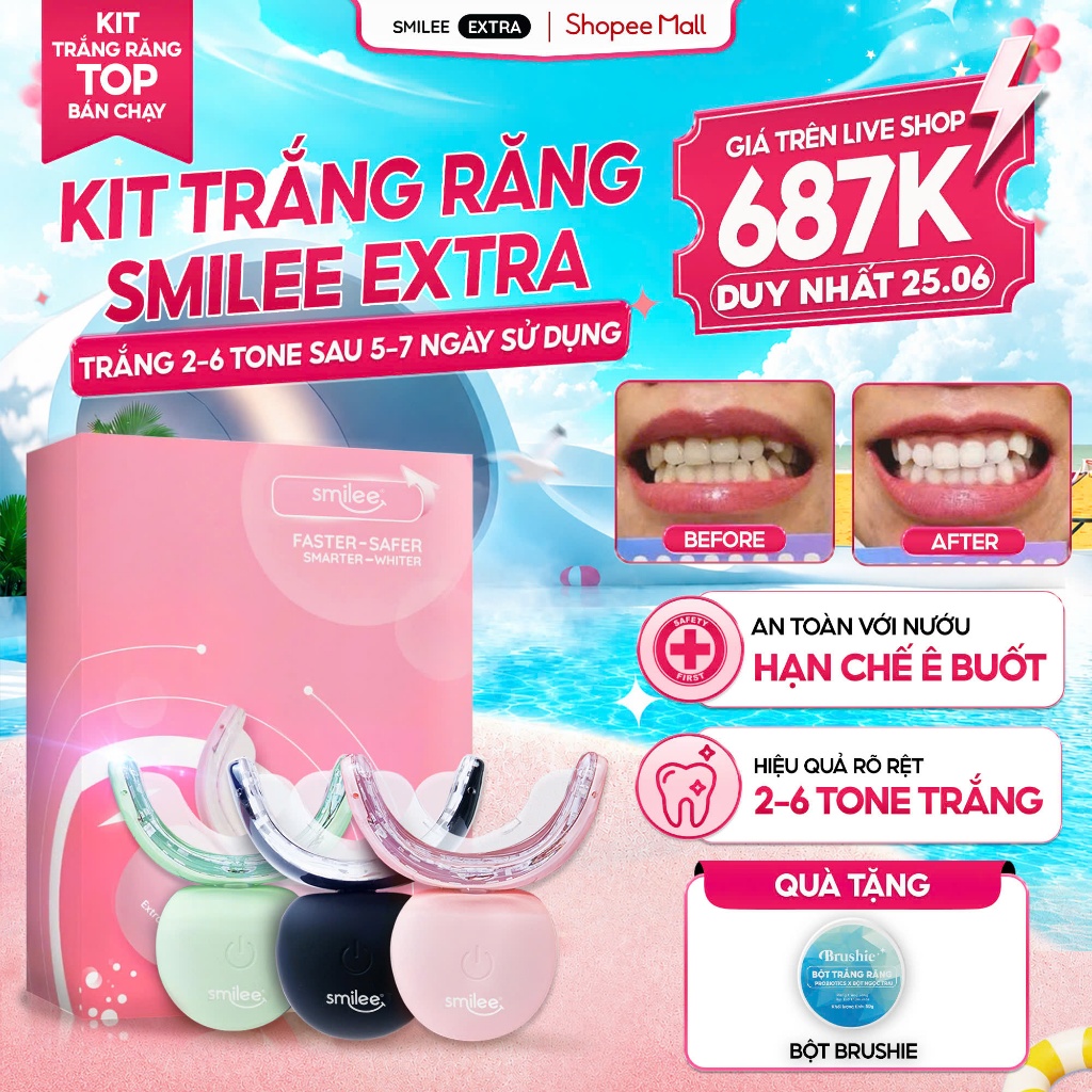 [GIÁ 678K TẠI LIVE SHOP] Trắng răng Smilee Extra, bộ kit làm trắng răng từ 2-6 tone tại nhà set quà tặng cho nữ LIS | BigBuy360 - bigbuy360.vn