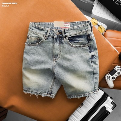 [FORM SUÔNG] Quần short jean nam HEBOZ rawcut straight S28, quần đùi denim wash cắt gấu - 00003248