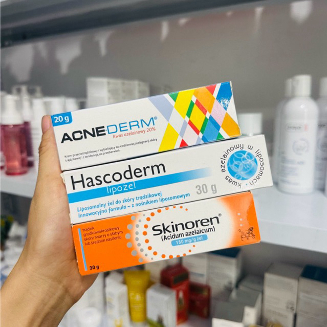 Bộ sản phẩm chứa Azelaic Skinoren Hascoderm và Acnederm