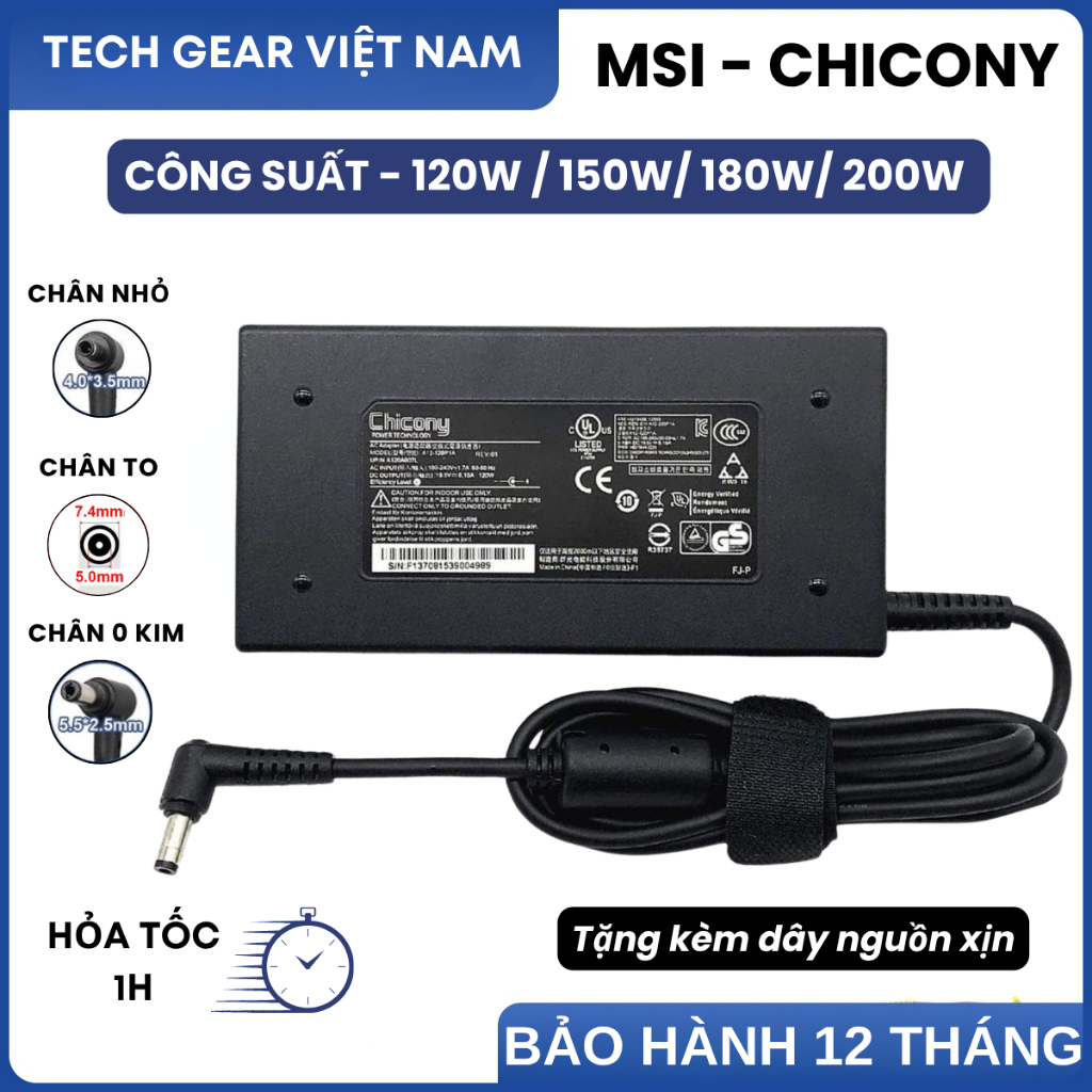 Sạc Laptop MSI Gaming, Sạc CHICONY, Sạc MSI BRAVO, MSI GF63, 19.5V 20V 6.15A/7.7A/9A/9.23A 120W 150W 180W, BH 12 Tháng | BigBuy360 - bigbuy360.vn