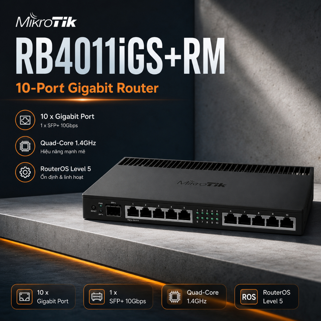 ✅ MikroTik RB4011iGS+RM, Router chịu tải 400 ip mikrotik 4011 ,  Thiết bị cân bằng tải đường chuyền 