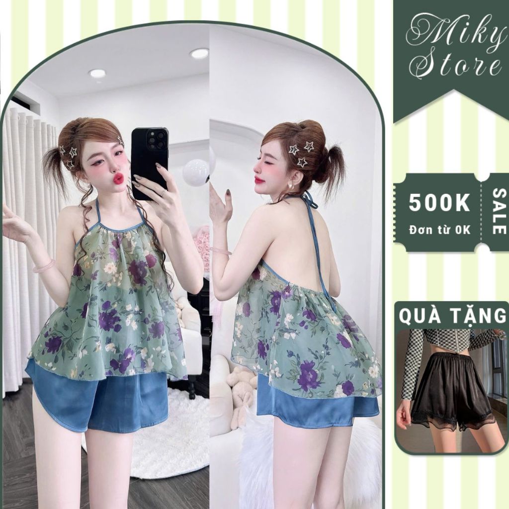 Đồ ngủ nữ Bigsize MIKY, Đồ ngủ sexy lụa Chiffon phối Latin mềm mại xinh xắn < 75kg M95