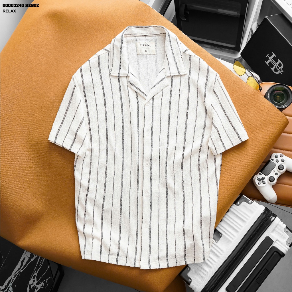 [FORM RỘNG] Áo sơ mi nam HEBOZ pijama striped 3M cổ cuban vải xốp nhăn sọc dọc co giãn - 00003240