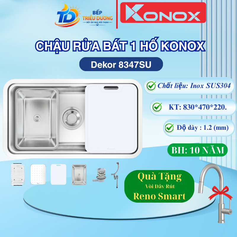 { TẶNG VÒI DÂY RÚT } CHẬU RỬA CHÉN BÁT 1 HỐ  Konox DEKOR 8347SU Bề mặt tạo hạt Linen (chống xước)