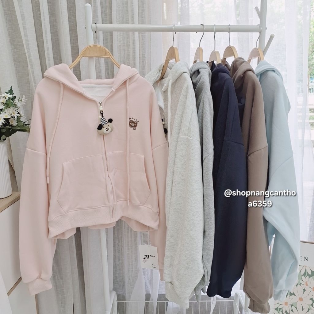 A6359 Áo khoác hoodie zip thêu gấu dáng lửng