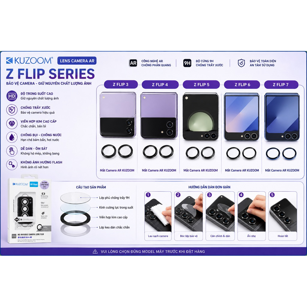 Mắt Camera KUZOOM AR Samsung Galaxy Z Flip 3 4 5 6 7 Bảo Vệ Camera Chống Trầy Mắt Camera Trong Suốt 