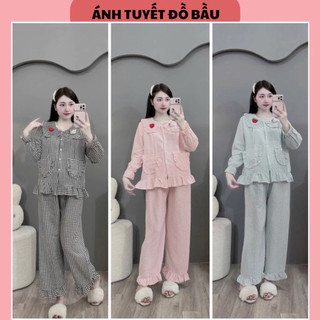 Bộ bầu bộ sau sinh - Bộ Đũi Kẻ Nhỏ Ren Hai Túi Nhiều Màu Xinh