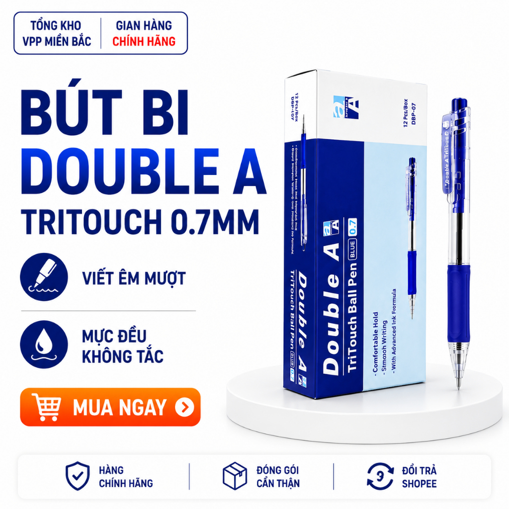 Combo 3 hộp Bút bi Double A Tritouch 0.7mm chính hãng Double A