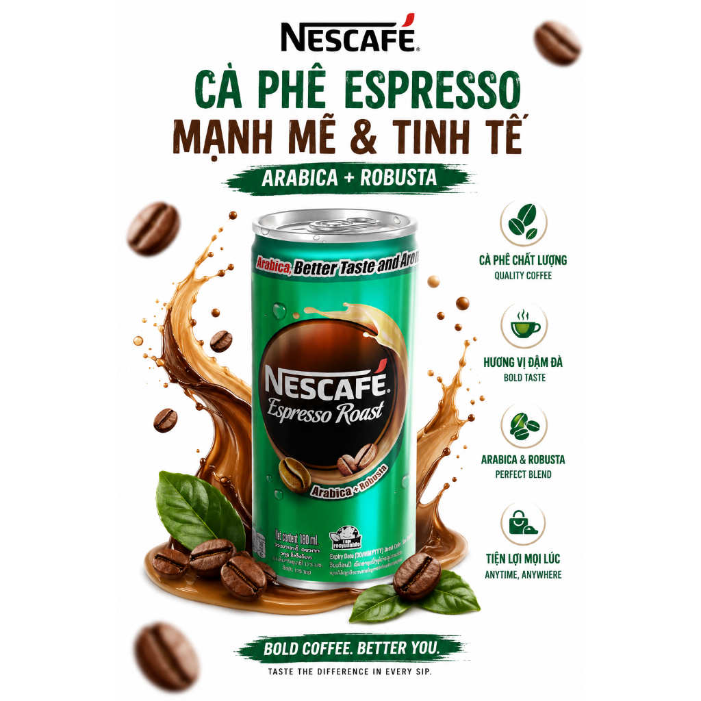 ☕️✨ Nescafe Espresso 30 lon x 170ml – Cà phê Espresso tiện lợi - Arabica, Robusta, Americano, Latte