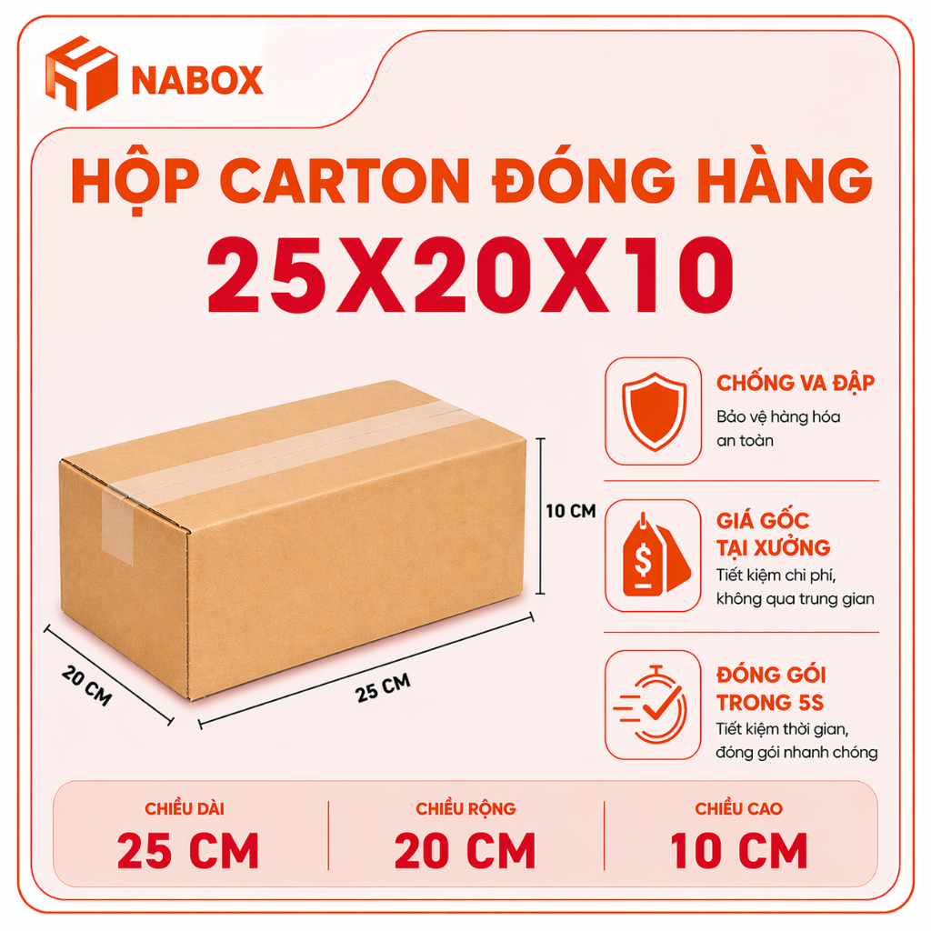 25x20x10 Combo 50 Hộp Carton Đóng Hàng Hộp Ship COD 3 Lớp sóng E/B Mặt Nâu