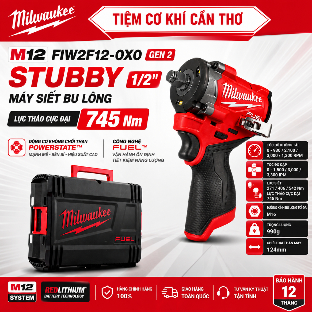 Máy Siết Bu Lông Milwaukee M12 FIW2F12-0X0 GEN 2 STUBBY 1/2 Inch 745Nm Không Chổi Than Chính Hãng