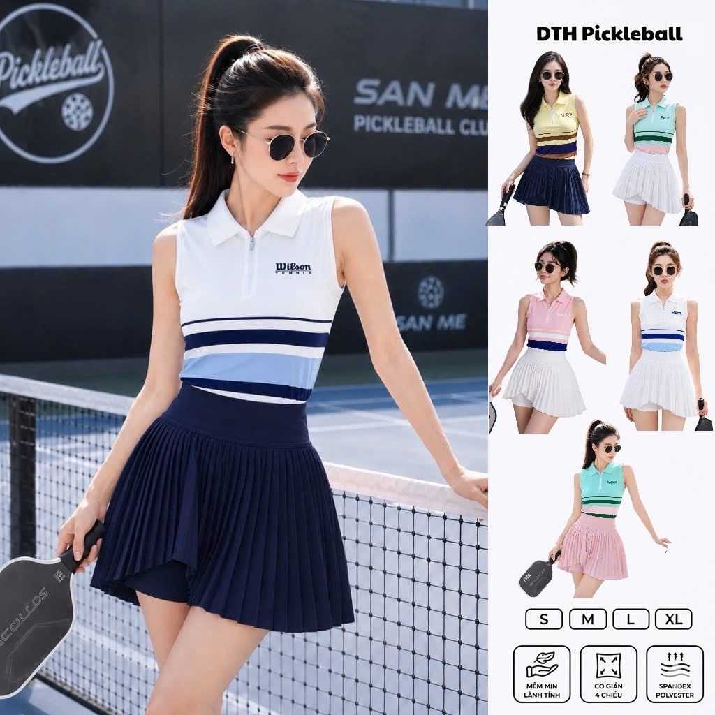 Set Đồ Thể Thao Nữ Wilson Chơi Pickleball Tennis Áo Sát Nách Cổ Khóa Kéo Kèm Chân Váy Xếp Ly Cao Cấp