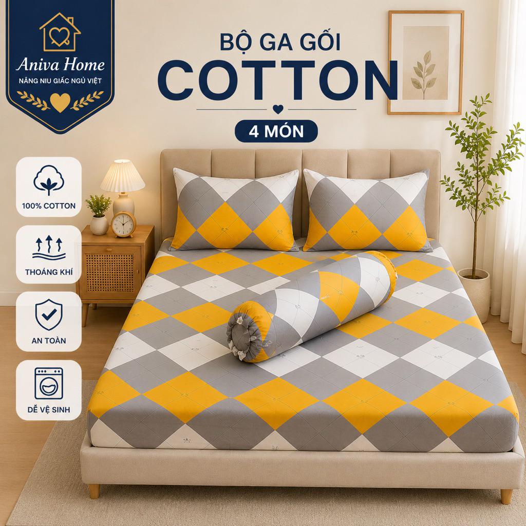 Bộ Ga Gối Cotton Thắng Lợi 4 món Aniva Home Size 2mx2m, 2mx2m2 - Cotton Cao Cấp, Mềm Mịn, Thoáng Mát