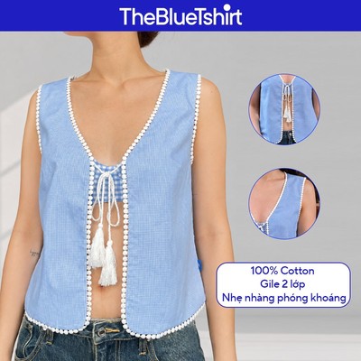 TheBlueTshirt - Áo gile nữ phom regular phối viền ren - Pompom Chic Vest - Women