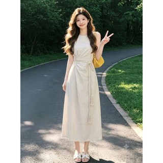 Đầm suông yếm 2 lớp dáng dài kèm đai tết SLINEN, chất vải Linen bột Premium, form suông dài trẻ trung - DS52