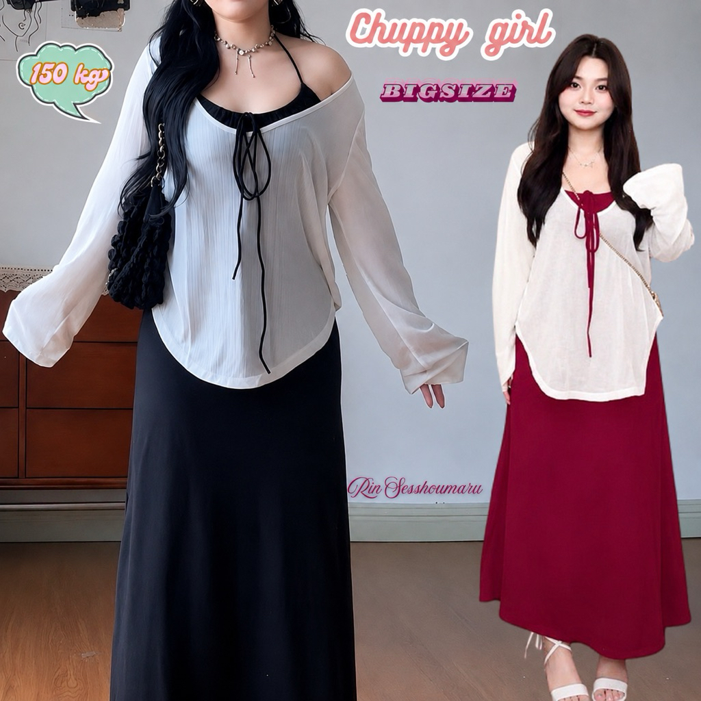 [Bigsize 150kg] Set áo kiểu cardigan mỏng phối váy maxi bigsize chuppy