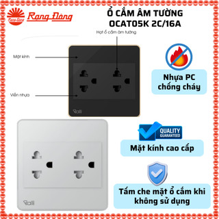 Ổ cắm âm tường Vuông 16A Rạng Đông - Ổ cắm đôi 2 chấu/3 chấu đa năng Mặt kính cao cấp OCAT05K 2C/16A