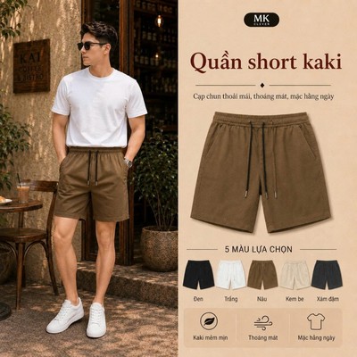 Quần short Kaki Excool nam basic MK CLEVER chất liệu co giãn dầy dặn, cạp chun thoáng mát trẻ trung, mặc hàng ngày