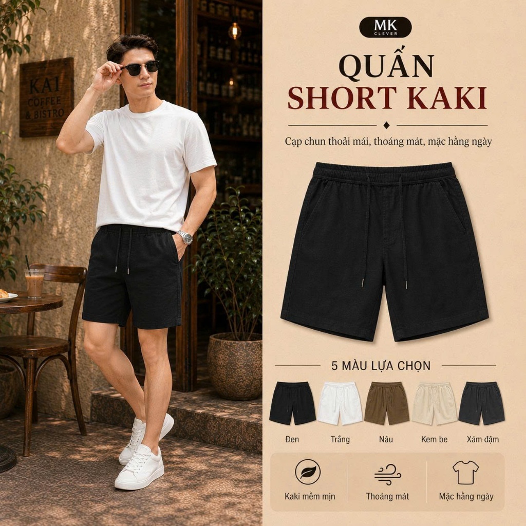 Quần Đùi Nam vải Kaki Excool MK CLEVER cạp chun thoáng mát trẻ trung, form trên gối dễ mặc