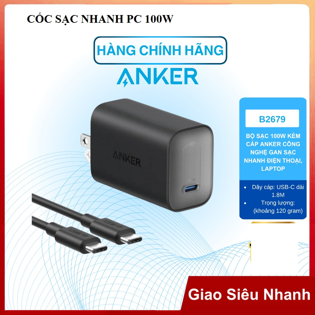 Củ sạc nhanh Anker B2679 100W kèm cáp type C to type C 1,8m chân gập nhỏ gọn, PD, QC3.0, PPS (nobox)