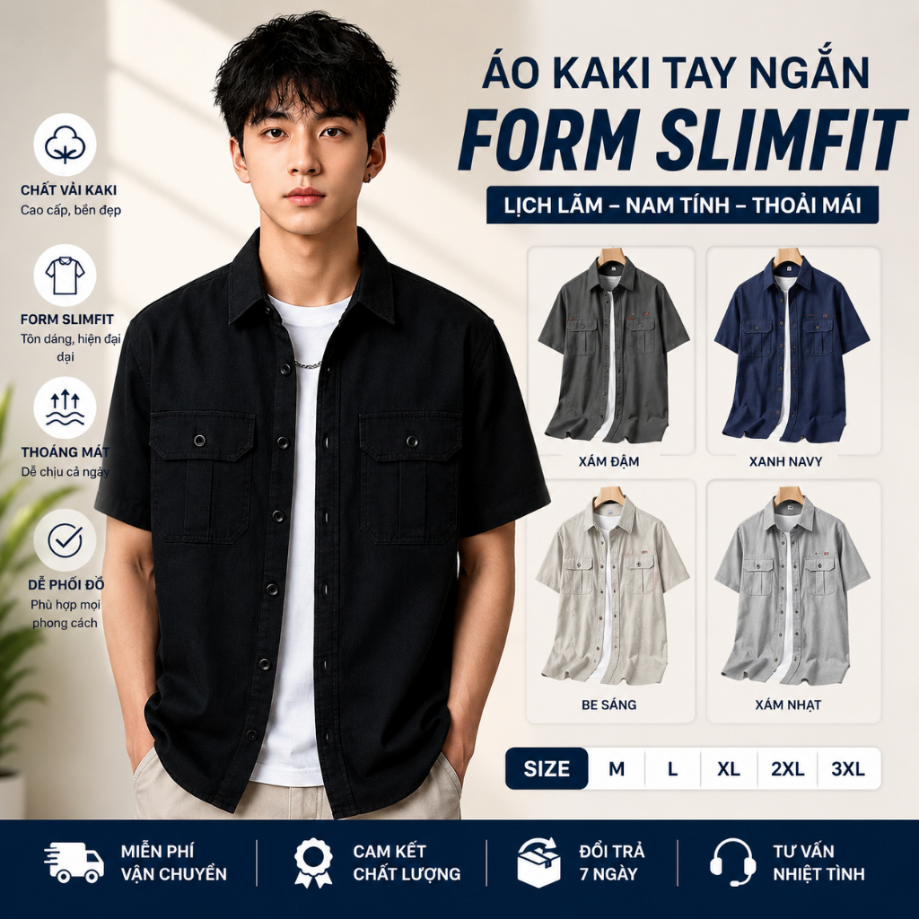 Sơ mi nam tay ngắn kaki túi hộp form thỏa mái, chất vải kaki dày dặn, form slimfit thoáng mát GEN688