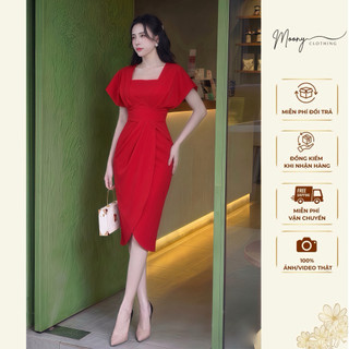 Váy Cổ Vuông Tay Hến Thiết Kế Vạt Chéo Sang Chảnh. Đầm Body Dự Tiệc Chất Liệu Umi Hàn Size 40-65Kg