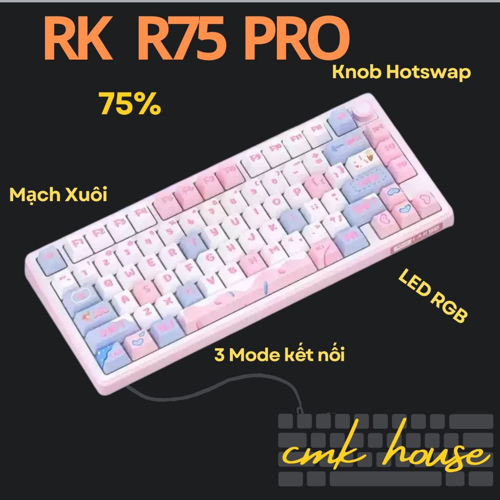 (sẵnn) Bàn Phím Cơ Không Dây RK R75 Bản Pro Mạch Xuôi 3 Mode - Hỗ trợ QMK - (Led RGB/ Full Foam/ Gas
