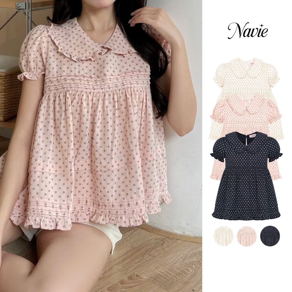 NAVIE - Áo babydoll cổ bèo hoa nhí LANA tay phồng thời trang nữ