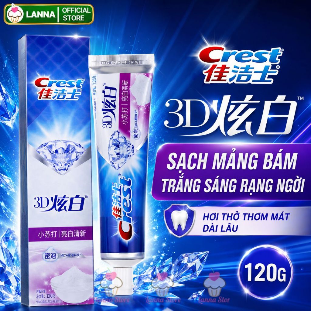 KEM ĐÁNH RĂNG CREST 3D WHITE BASKING SODA TUÝP LỚN 120G TRẮNG RĂNG VƯỢT TRỘI BẢN TRUNG