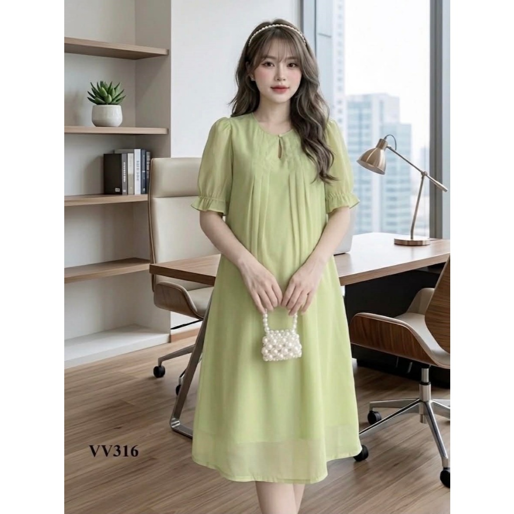 Váy bầu thiết kế Mum's shop VV316 tơ xanh cốm cổ tròn mềm mại, mát nhẹ