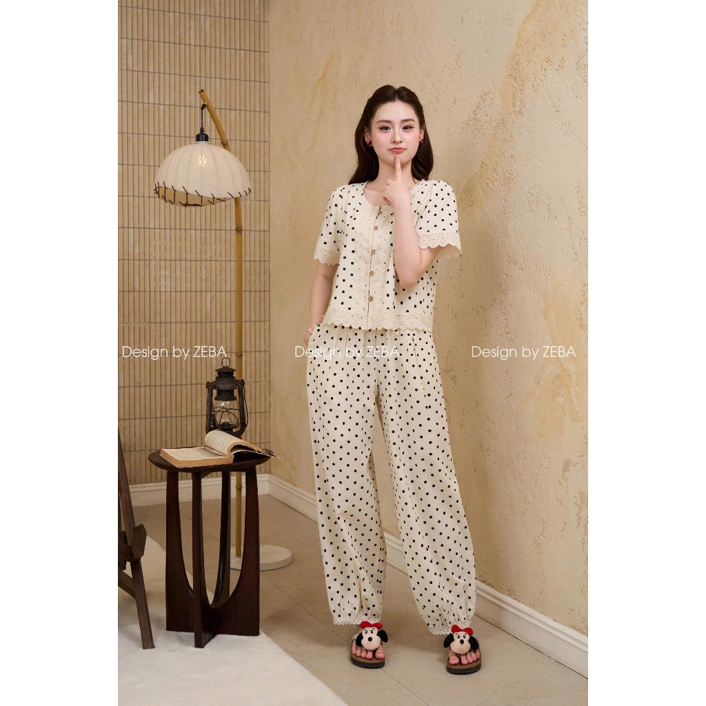 Bộ đồ nữ ZEBA bộ mặc nhà chấm bi Hàn phối ren M3397