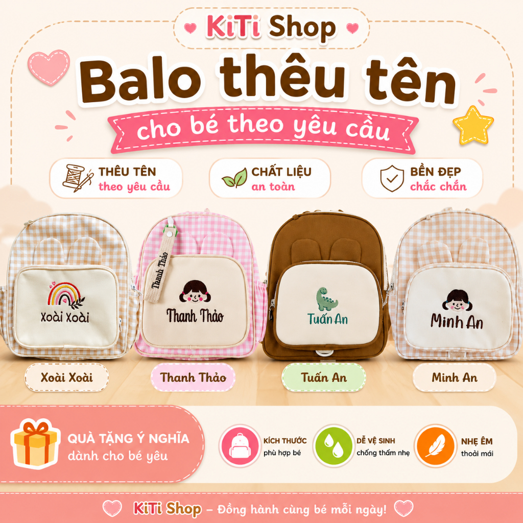 [THÊU TÊN] Balo Thêu Tên Cho BéTặng Name Tag cho BaloThêu Tên Theo Yêu Cầu Cho Bé Trai Bé Gái, Quà t