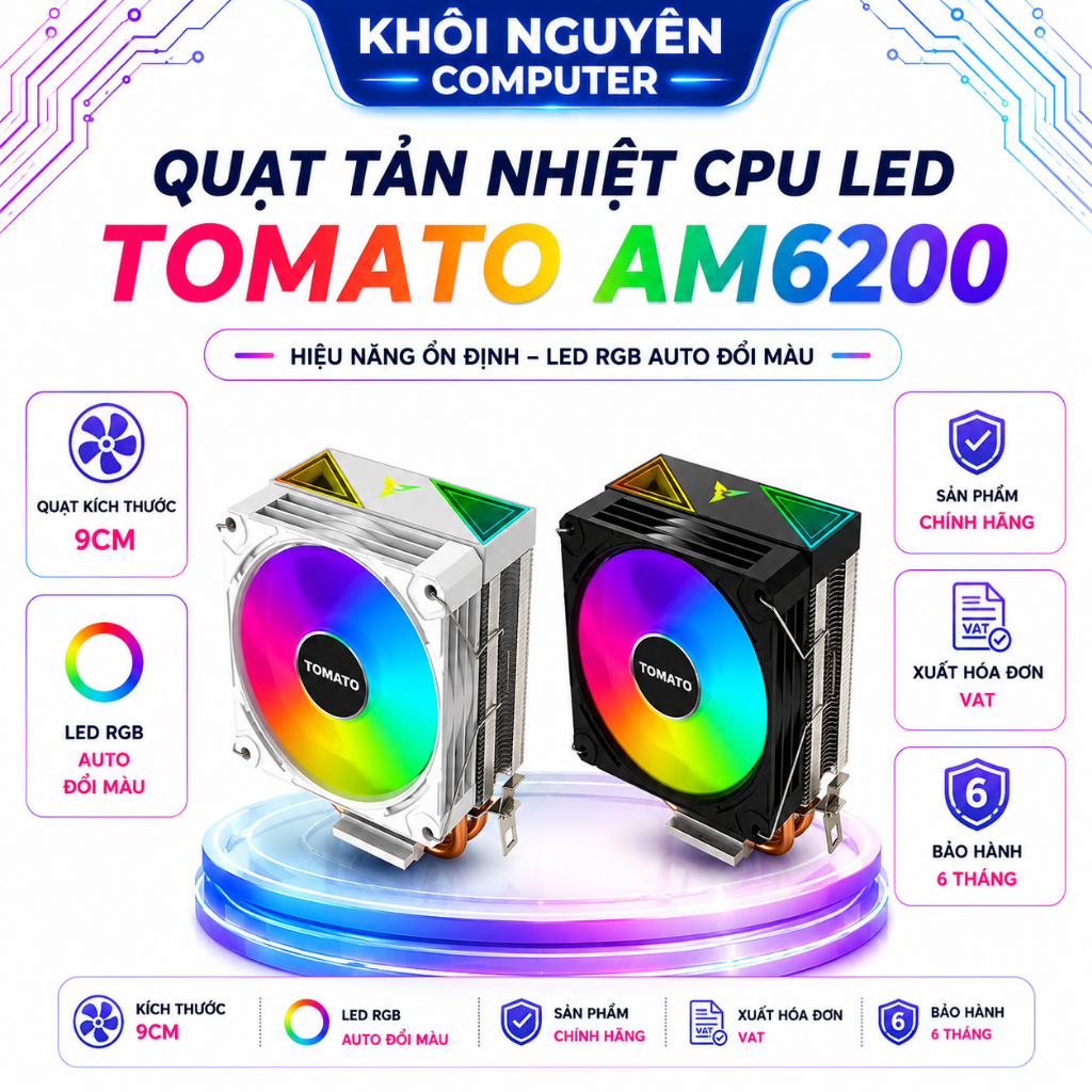 Quạt Tản Nhiệt CPU Tomato AM6200 RGB – 4Pin PWM, 2 Ống Đồng, Led Đổi Màu, Chạy Êm, Giá Tốt