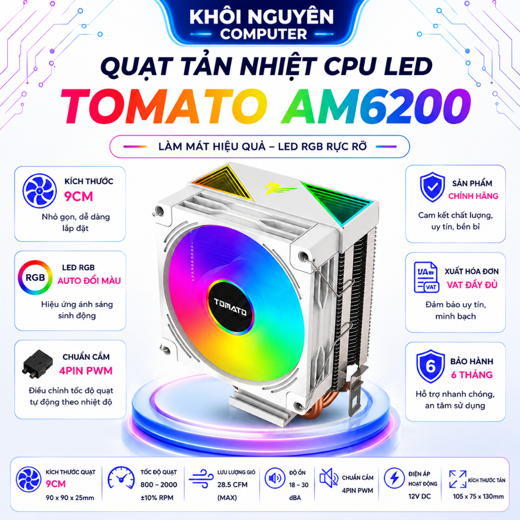 Quạt Tản Nhiệt CPU Tomato AM6200 RGB Trắng – 4Pin PWM, 2 Ống Đồng, Led Đổi Màu, Êm