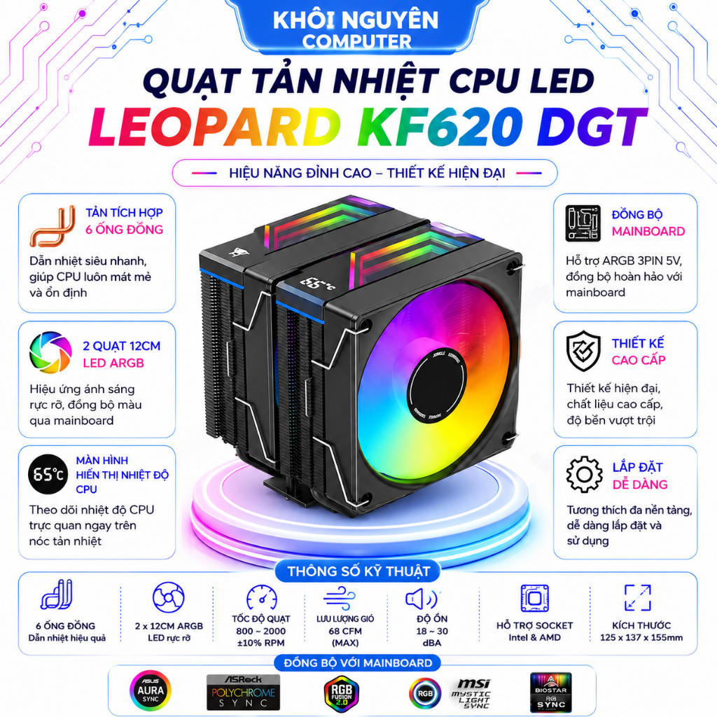 Tản Nhiệt CPU Jungle Leopard KF620 Digital ARGB – 6 Ống Đồng, 2 Tháp, Hiển Thị Nhiệt Độ