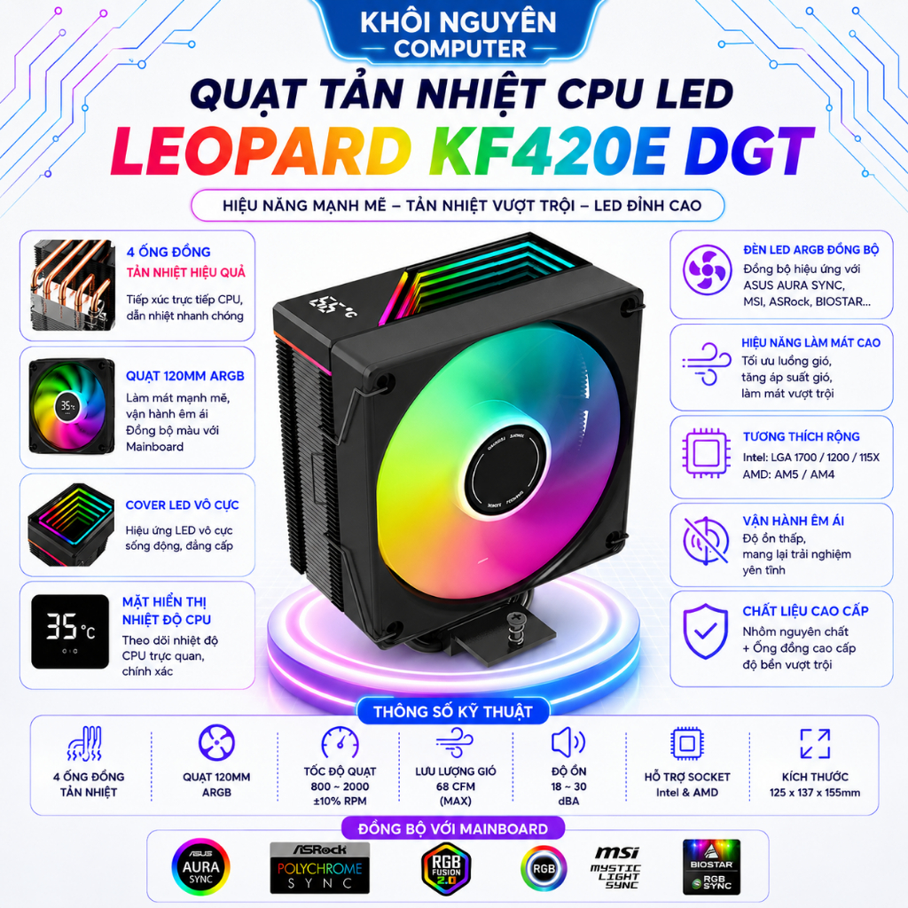 Tản Nhiệt CPU Jungle Leopard KF420E DGT ARGB 5V – Hiển Thị Nhiệt Độ, 4 Ống Đồng, Fan 12cm