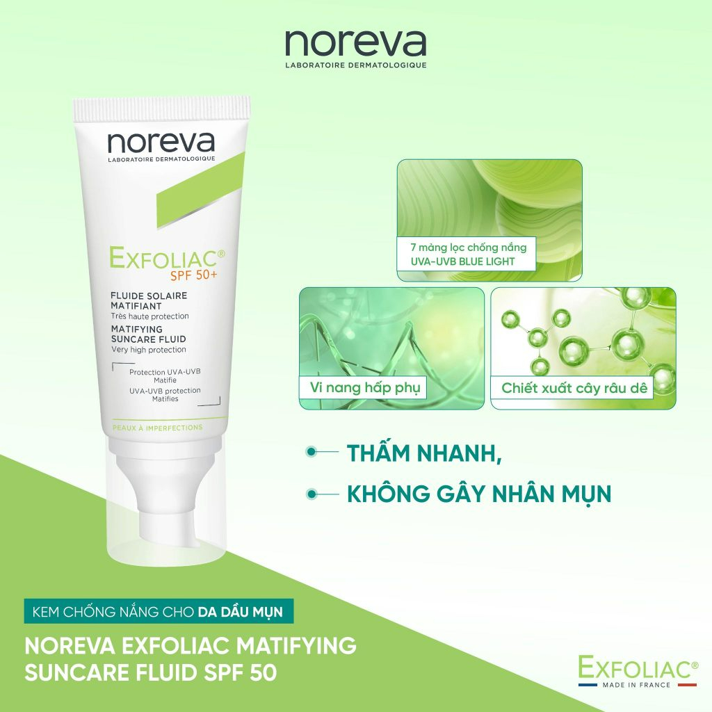 Kem Chống Nắng Dành Cho Da Dầu Mụn Noreva Exfoliac Matifing Suncare Fluid SPP50+ 40ml