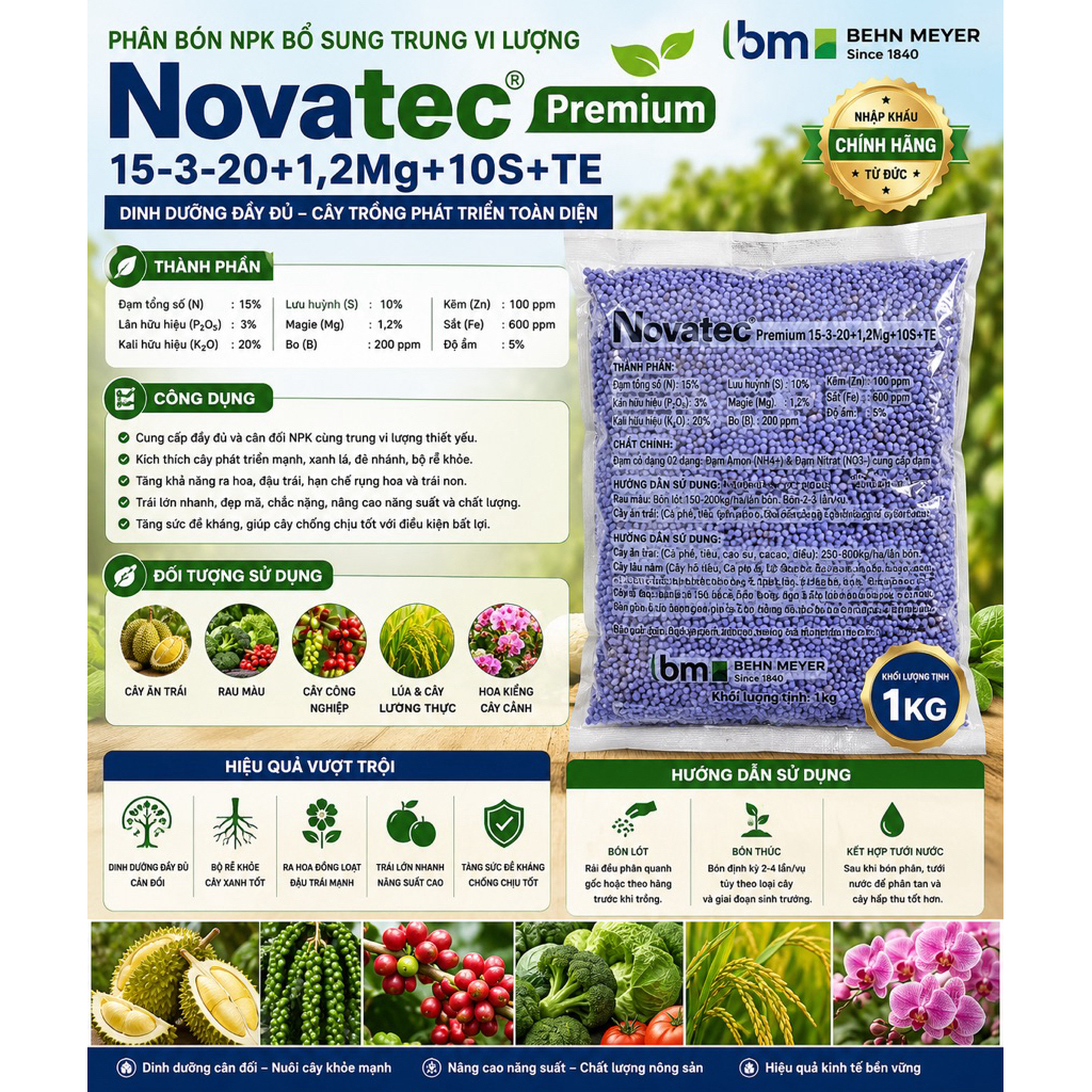 1kg Phân Bón NPK Novatec Premium 15-3-20+1,2Mg+10S+TE Behn Meyer Đức